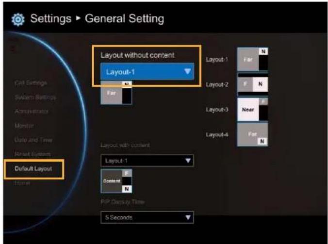 Settings ▶ General Setting Layout without content Layout-1 Layout-1 Layout-2 Layout-3 Layout-4 Layout with content Layout-1 Content P/P Display Time 5 Seconds