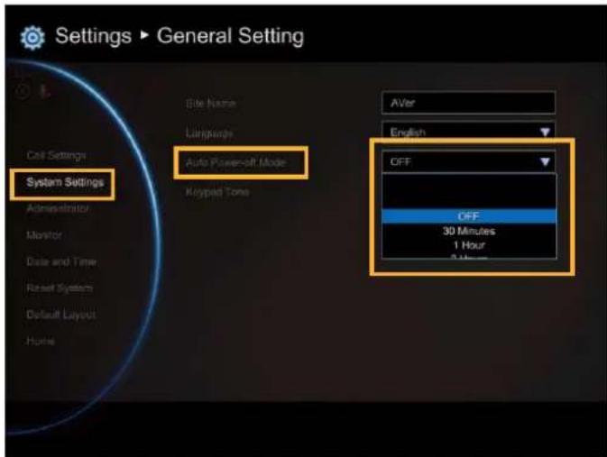 Settings ▶ General Setting Cell Settings System Settings Administrator Monitor Date and Time Reset System Default Layout Home Site Name Language Auto Powercraft Mode Keypad Tone AVer English OFF OFF 30 Minutes 1 Hour 2 Hours