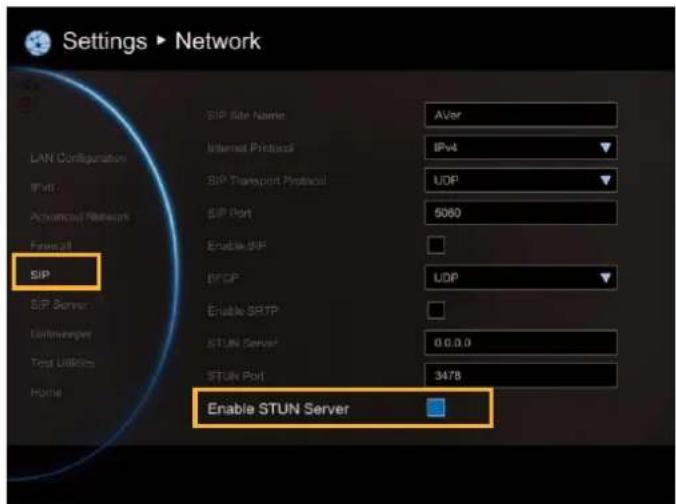 Settings ▶ Network LAN Configuration IPv4 Advanced Network Fines all SIP SIP Server Unbuffering Test Utilities Home SIP Site Name Aver Internet Protocol IPv4 SIP Transport Protocol UDP SIP Port 5060 Enable SIP IPGP UDP Enable SETP STUN Server 0.0.0.0 STUN Port 3478 Enable STUN Server
