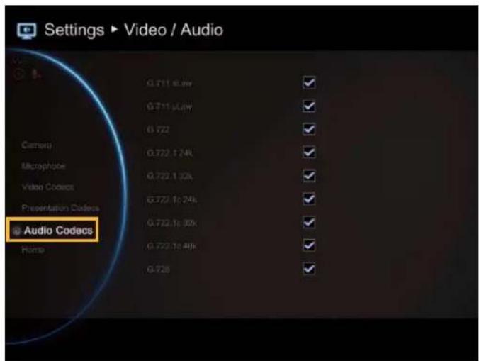 Settings ▶ Video / Audio 0.711 4.5kW 0.711 4.5kW 0.722 0.722.1 24k 0.722.1 32k 0.722.1c 24k 0.722.1c 32k 0.722.1c 48k 0.728 Audio Codec Home