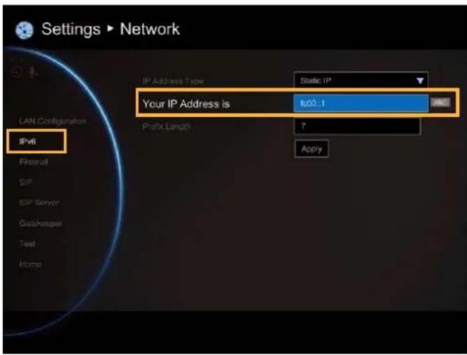 Settings ▶ Network LAN Configuration IPv6 IP Address Type: Static IP Your IP Address is fdd0_1 Prefix Length: 7 Apply