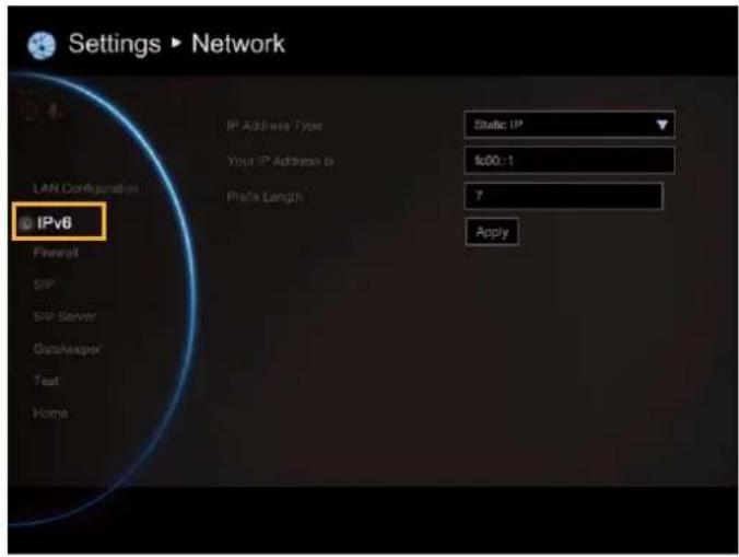 Settings ▶ Network LAN Configuration IPv8 IP Address Type Static IP $00:1 Your IP Address is Profile Length 7 Apply Firewall SIP SIP Server GataKeeper Text Home