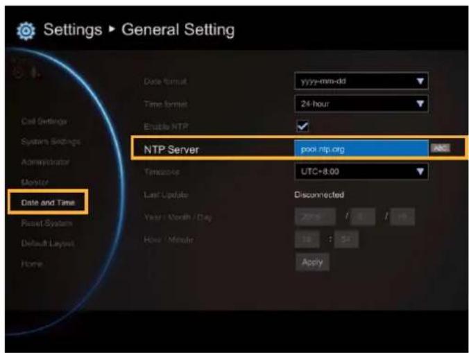 Settings ▶ General Setting Date format yyyy-mm-dd Time format 24-hour Enable NTP ✓ NTP Server pool.ntp.org Date and Time Tenscape UTC+8.00 Last Update Disconnected Year / Month / Day 2015 / 19 Hour / Minute 16 : 57 Apply