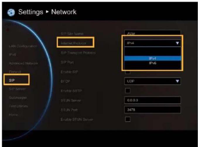 Settings ▶ Network LAN Configuration IPv6 Advanced Network Forward SIP SIP Site Name Internet Protocol SIP Transport Protocols SIP Port Enable SIP BFCP Enable SMTP STUN Server STUN Port Enable STUN Server AVet IPv4 IPv4 IPv6 UDP 0.0.0.0 3478
