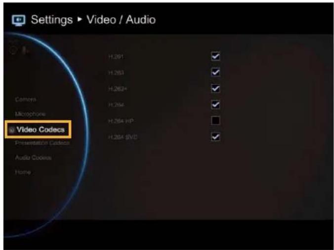 Settings ▶ Video / Audio H.261 H.263 H.264+ H.264 HP H.264 SVD Video Codec Camera Microphone Audio Codec Home
