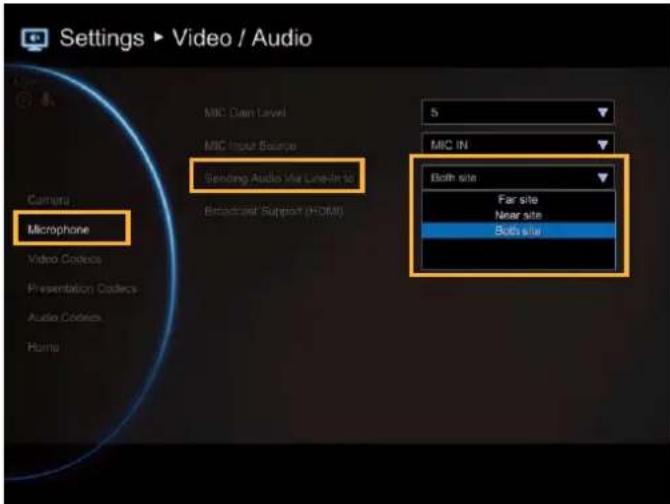 Settings ▶ Video / Audio MIC Open Level MIC Input Source Sending Audio via Line-In to BROADCAST Support (HDMI) CAMERA Microphone Video Codec Presentation Codec Audio Codec HDMI 5 MIC IN Both site Far site Near site Both site