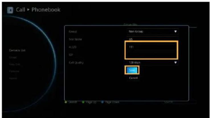Call ▶ Phonebook Contact List Project New Item Preview Name Contact List Site Name U5 H523 111 SIP Call Quality 128 kbps Cancel Cancel Page Up Page Down Cancel