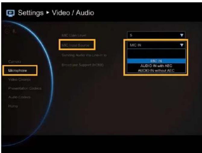 Settings ▶ Video / Audio MIC Data Level MIC Input Source Sending Audio via Line-in to Broadcast Support (HDMI) CAMO Microphone MIC IN MIC IN AUDIO IN with AEC AUDIO IN without AEC