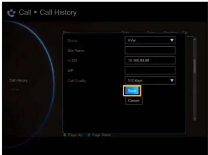 Call ▶ Call History Group After Site Name H.323 10.100.93.58 SIP Call Quality 512 kbps Save Cancel Page Up Page Down