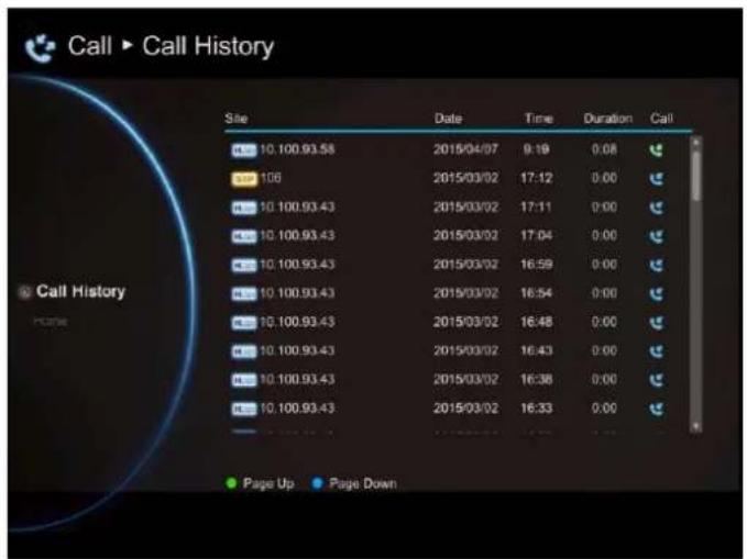 Call ▶ Call History Site Date Time Duration Call 10.100.93.58 2015/04/07 9:19 0:08 106 2015/03/02 17:12 0:00 10.100.93.43 2015/03/02 17:11 0:00 10.100.93.43 2015/03/02 17:04 0:00 10.100.93.43 2015/03/02 16:59 0:00 10.100.93.43 2015/03/02 16:54 0:00 10.100.93.43 2015/03/02 16:48 0:00 10.100.93.43 2015/03/02 16:43 0:00 10.100.93.43 2015/03/02 16:38 0:00 10.100.93.43 2015/03/02 16:33 0:00 Page Up Page Down