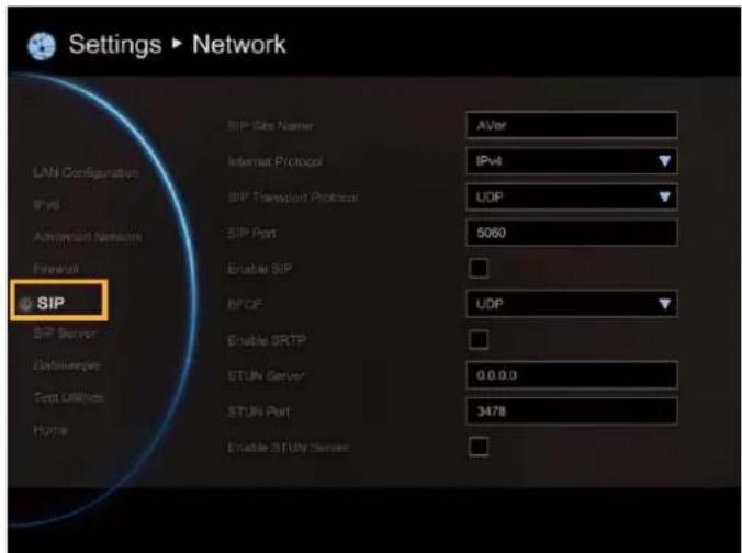 Settings ▶ Network LAN Configuration IPv6 Advanced Netbeam Firewall SIP SIP Server Gatebpsyspe Top Limitless Home SIP Bit Name Internet Protocol SIP Transport Protocol SIP Port Enable SIP BFOF Enable SRTP STUN Server STUN Port Enable STUle Server AVer IPv4 UDP 5060 UDP 0.0.0.0 3478