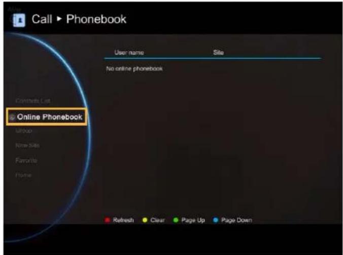 Call ▶ Phonebook User name Site No online phonebook Online Phonebook Group New Site Favorite Home Refresh Clear Page Up Page Down