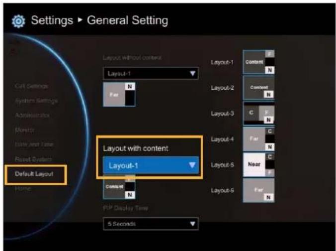Settings ▶ General Setting Layout without content Layout-1 Layout-2 Layout-3 Layout-4 Layout-5 Layout-6 Layout-7 Layout with content Layout-1 Content N C F N C F N C Near F F N Default Layout Home P/P Display Time 5 Seconds