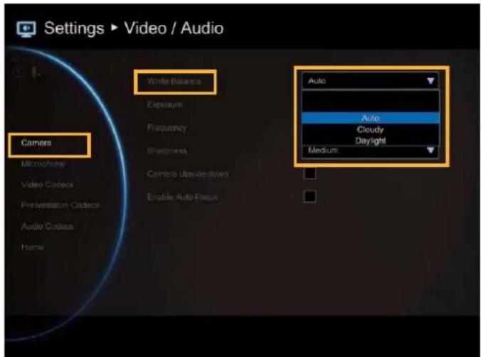 Settings ▶ Video / Audio Camera Microphone Video Codes Presentation Codes Audio Codes Home Winter Balance Exposure Frequency Sharpness Camera Upside-down Enable Auto Focus Auto Auto Cloudy Daylight Medium