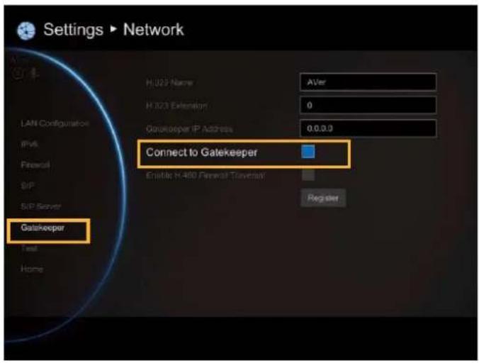 Settings ▶ Network LAN Configuration H:023 Name AVer H:023 Extension 0 Gataikeeper IP Address 0.0.0.0 IPv6 Firewall SIP SIP Server Gatekeeper Enable H:480 Firewall (Universal) Register Text Home