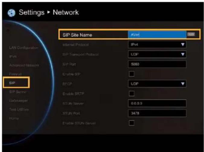 Settings ▶ Network SIP Site Name AVor SPR LAW Configuration Internal Protocol IPv4 IPv2 SIP Transport Protocol UDP Achropod Network SIP Port 5060 Firewall SIP SIP Server Defkeeper Test Utilities Home Enable SIP BPOP UDP Enable SRTP STUN Server 0.0.0.0 STUN Port 3478 Enable STUN Server