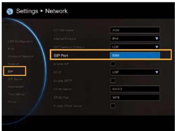 Settings ▶ Network LAN Configuration IPv6 Advanced Network Forward SIP SIP Site Name AVer Internet Protocol IPv4 SIP Transport Protocol UDP SIP Port 5060 Enable SIP BPOP UDP Enable SRTP STUN Server 0.0.0.0 STUN Port 3478 Enable STUN Server