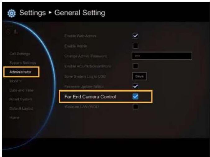 Settings ▶ General Setting Administrator Enable Web Admin Enable Admin Change Admin. Password Enable VCL Link/SensorPoint Save Systems Log to USB Save Firmware Update Action Far End Camera Control Water-on-LAN (VOL) Call Settings System Settings Monitor Date and Time Reset System Default Layout Home