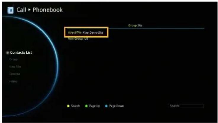 Call ▶ Phonebook AveraBTV: AVar Demo Site Non-Group- US Group-Site Contacts List Group New Site Favorite Home Search Page Up Page Down Search