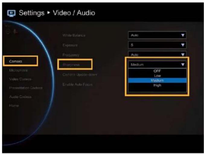 Settings ▶ Video / Audio Camers Microphone Video Codex Presentation Codex Audio Codex Home While Balance Exposure Frequency Sharifiness Custom Upside-down Enable Auto Focus Auto 5 Auto Medium OFF Low Medium High