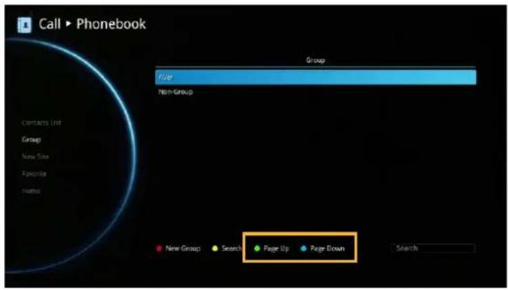 Call ▶ Phonebook Group User Non-Group Contacts List Group New Size Favorite Name New Group Search Page Up Page Down Search