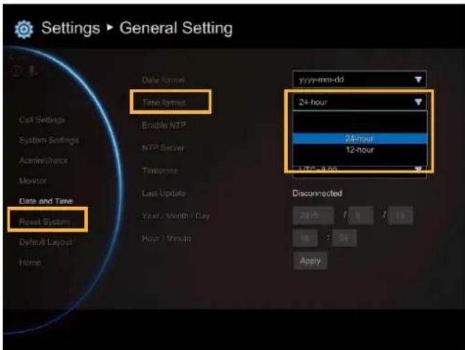 Settings ▶ General Setting Date format Time format yyyy-mm-dd 24-hour 24-hour 12-hour Date and Time Reset System Default Layout Volume Last Update Year / Month / Day Hour / Minute Disconnected 20:5 1 13 16 34 Apply