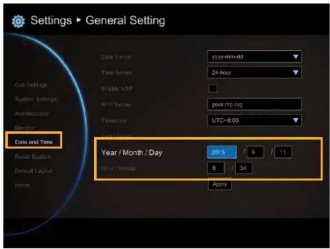 Settings ▶ General Setting Date format yyyy-men-dd Time format 24-hour Enable NTP NTP Server pool.ntp.org Timeframe UTC+8.00 Last Time Date and Time Reset System Year / Month / Day 2015 6 11 Default Layout Hour / Minute 9 34 Apply