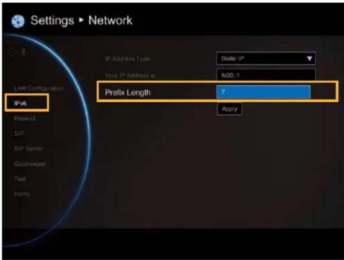 Settings ▶ Network LAN Configuration IPv6 IP Address Type Static IP Your IP Address is $00:1 Prefix Length 7 Apply