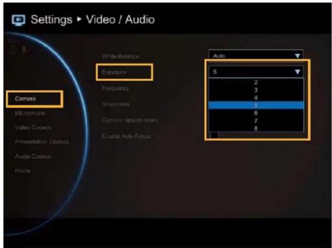Settings ▶ Video / Audio Camera Microphone Video Codocs Presentation Codocs Audio Codocs Home White Balance Exposure Frequency Sharpness Camera Upside-down Enable Auto Focus Auto 5 2 3 4 6 7 8