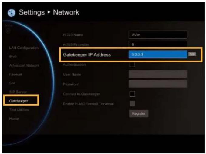 Settings ▶ Network LAN Configuration IPv6 Advanced Network Firewall SIP SIP Server Gatekeeper Test Utilities Home H.223 Name A/Ver H.523 Extension 0 Gatekeeper IP Address 0.0.0 Authentication User Name Password Connect to Gatekeeper Enable H.460 Firewall Traverseal Register