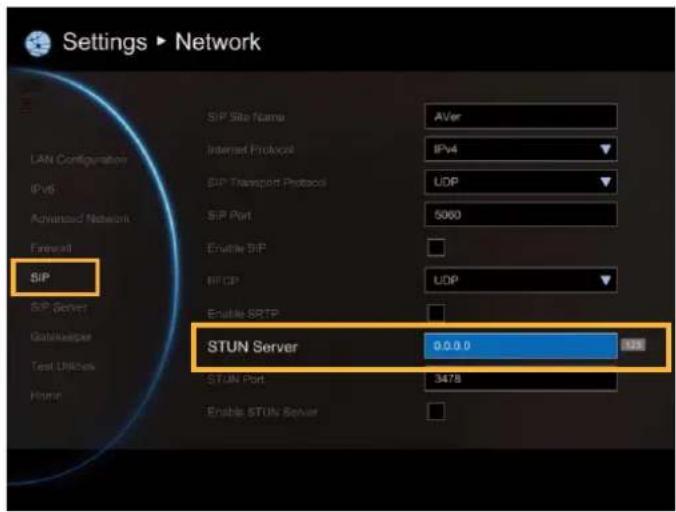 Settings ▶ Network SIP SIP Site Name AVer Internet Protocol IPv4 SIP Transport Protocol UDP SIP Port 5060 Enabling SIP BFCP UDP Enabling SRTP STUN Server 0.0.0.0 STUN Port 3478 Enable STUN Server