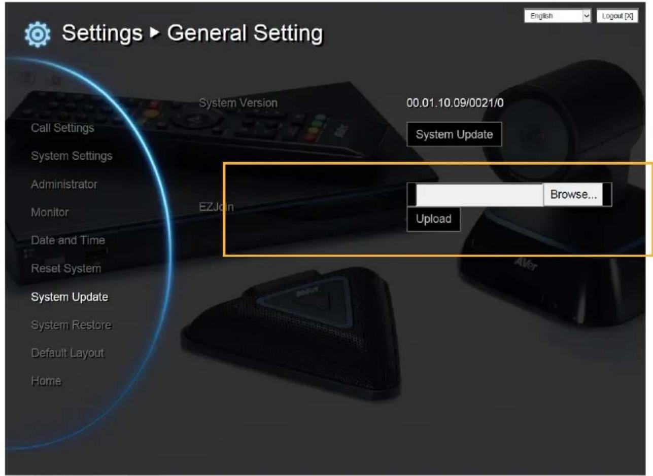 Settings ▶ General Setting English Logout [X] System Version 00.01.10.09/0021/0 Call Settings System Settings Administrator Monitor Date and Time Reset System System Update System Restore Default Layout Home System Update EZHJoin Browse... Upload