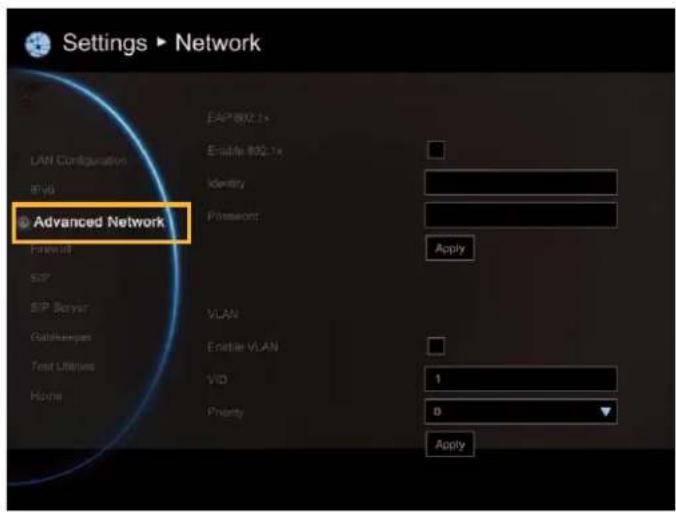 Settings ▶ Network LAN Configuration envd Advanced Network EAP®802.1x Enable 802.1x Identity Password Apply SIP SIP Server Gateshaeepes Test Utilities Home VLAN Enable VLAN VID Priority 1 D Apply