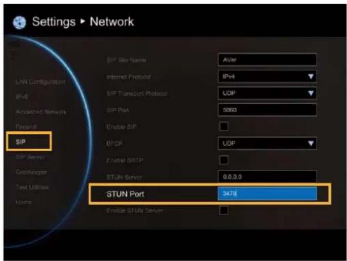 Settings ▶ Network LWN Configuration IPv6 Advanced TCP Network Firewire SIP SIP Server Controller Test Utilities Home SIP Site Name AVer Internet Protocol IPv4 SIP Transport Protocol UDP SIP Port 5060 Enable SIP BFCP UDP Enable SMTP STUN Server 0.0,0.0 STUN Port 34781