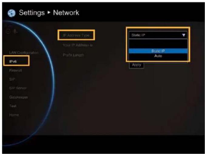 Settings ▶ Network IP Address Type Your IP Address is Prefix Length LAN Configuration IPv6 Static IP Static IP Auto Apply Fileset SIP SIP Server Gbpsyscope Text Home