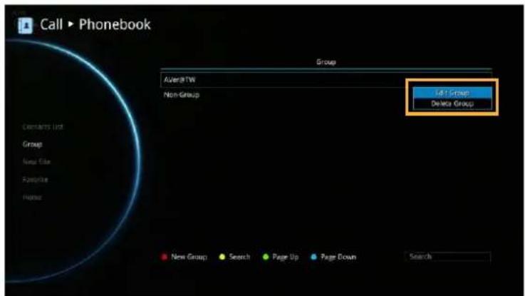 Call ▶ Phonebook Group Add Group Delete Group New Group Search Page Up Page Down Search