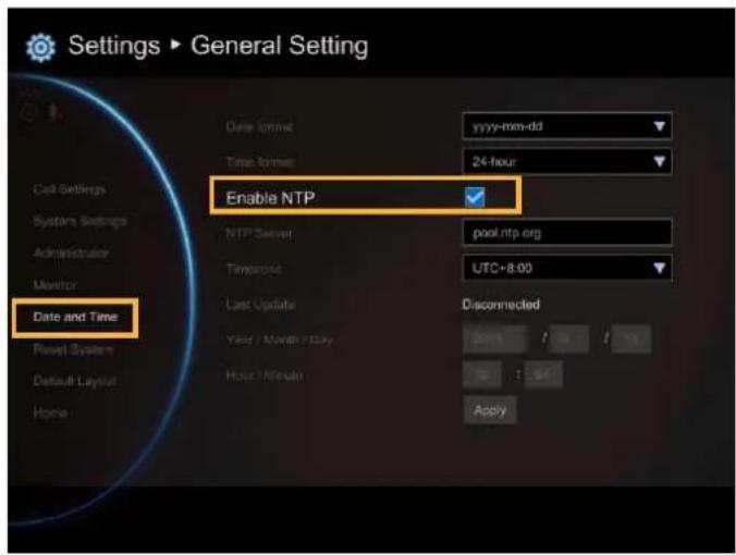 Settings ▶ General Setting Date format yyyy-mm-dd Time format 24-hour Enable NTP NTP Server pool.ntp.org Temporal UTC+8.00 Last Update Year / Month / Day Host / Module Disconnected Apply