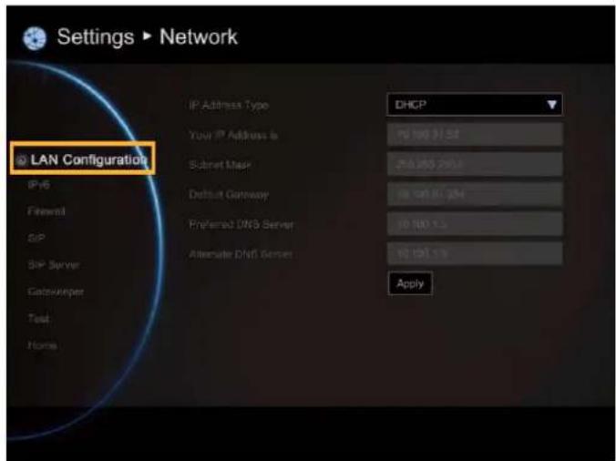 Settings ▶ Network LAN Configuration IP Address Type DHCP Your IP Address is 10:100 31.52 Submit Mask 256,255,256 Default Gateway 10:100 81.254 Preferred DNS Server 10:100 1.5 Alternate DNS Server 10:101 1.9 Apply