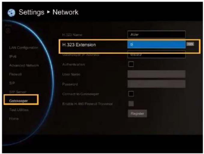 Settings ▶ Network LAN Configuration H.323 Name AVer H.323 Extension 0 100 Gateway IP Address 0.0.0 Authentication User Name Password Connect to Gateway Enable H. 460 Firewall Trouver Gatekeeper Test Utilities Home Register