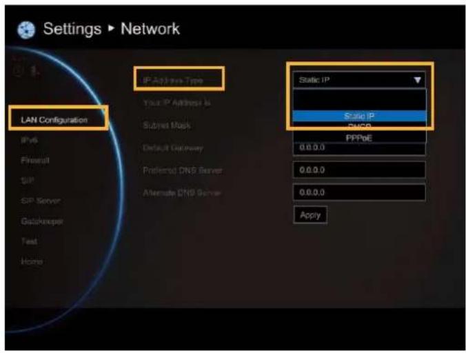 Settings ▶ Network LAN Configuration IP Address Type Static IP Your IP Address is Subnet Mask Default Gateway Preferred DNS Server Alternate DNS Server Static IP GNCB PPPoE 0.0.0.0 0.0.0.0 0.0.0.0 Apply