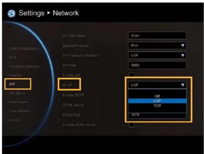 Settings ▶ Network LAM Configuration BVG Advanced Network Firewall SIP SIP Server GateHexagon Test Utilities Name SIP Site Name Internet Protocol SIP Transport Protocol SIP Port Enable SIP BFCP AVer IPv4 UDP 5060 UDP Off UDP TCP 3478