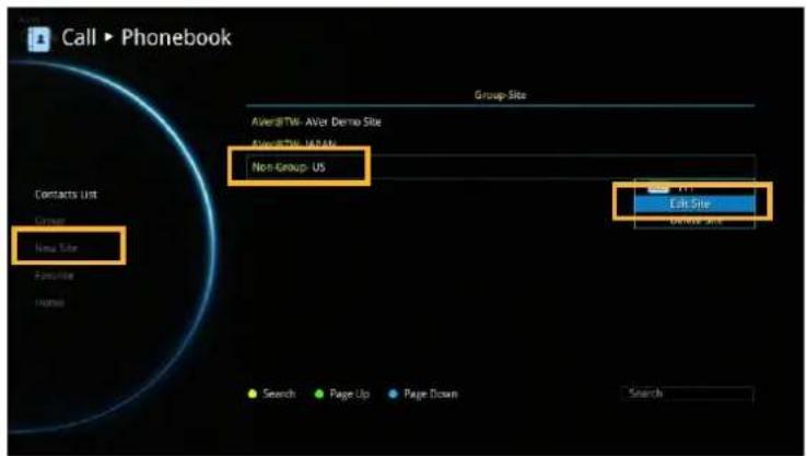 Call ▶ Phonebook Group Site Avier@TV6: AVier Demo Site Avier@TV6: UMAPs Non-Group- US Exit Site Drive Site Contacts Unit Group New Site Favorite Home Search Page Up Page Down Search