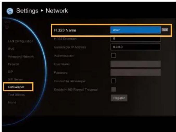 Settings ▶ Network H.323 Name Avic LAW Configuration IPv6 Advanced Network Firewell SIP SIP Server Gatekeeper Test Utilities Home H.323 Extension 0 Gatekeeper IP Address 0.0.0.0 Authentication User Name Password Connect to Gatekeeper Enable H.450 Firewall Traverse Register