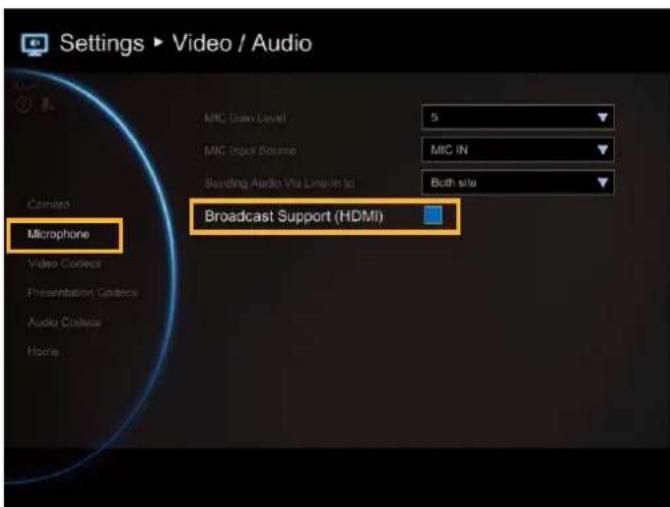 Settings ▶ Video / Audio MNC Data Level MIC Input Source MNC IN Boarding Audio Via Line-In to Both site Microphone Broadcast Support (HDMI) Video Codice Presentation Cadice Audio Codice Home