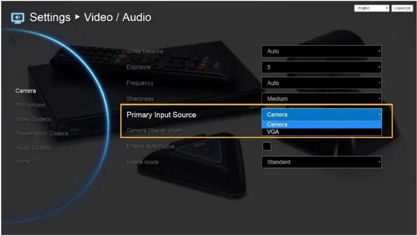 Settings ▶ Video / Audio English Logout [X] White Balance Auto Exposure 5 Frequency Auto Sharpness Medium Primary Input Source Camera Camera Camera Upside-down VGA Enable Auto Focus Scene mode Standard
