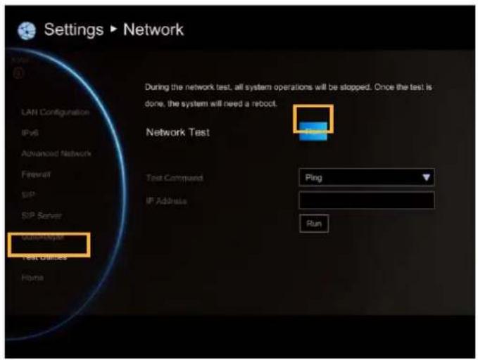 Settings ▶ Network LAN Configuration IPv6 Advanced Network Firewall SIP SIP Server ServiceKey Test Orders Home During the network test, all system operations will be slopped. Once the test is done, the system will need a reboot. Network Test Test Command Ping IP Address Run