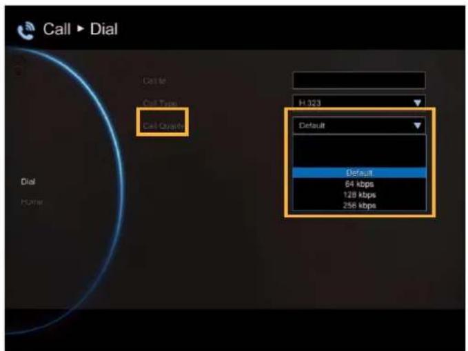 Call ▶ Dial Call Type Call Type H 323 Default Default 64 kbps 128 kbps 256 kbps