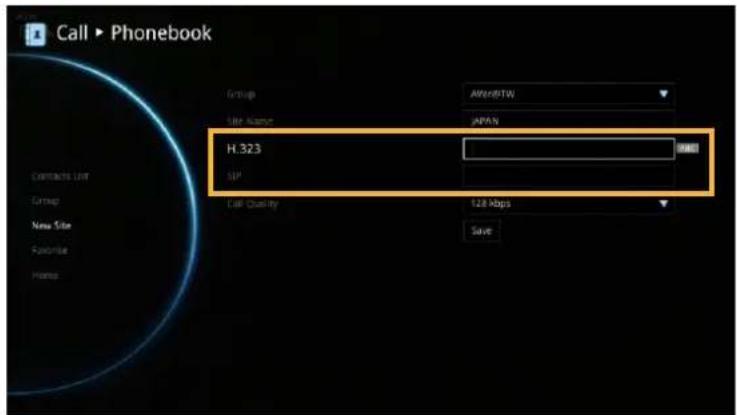 Call ▶ Phonebook Group AmeriBTKW Site Name JPAAN H.323 SIP Call Quality 128 Mbps Save