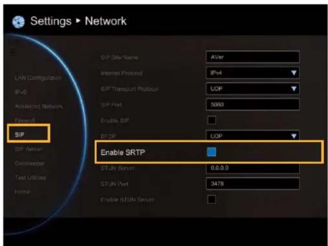Settings ▶ Network SIP SIP Server Código Test Utilities Forma SIP Internet Protocol SIP Transport Protocol SIP Port Enable SIP IECIP Enable SRTP STUN Server 0.0.0.0 STUN Port 3478 Enable STUN Server