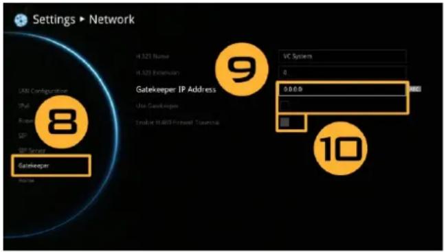 Settings ▶ Network LAN Configuration IPuS Rerep SP SP Server Gatekeeper Name 4.323 Name 4.323 Interusion Gatekeeper IP Address Use Goodkeeper Email: H480 Firewall Software 9 VC System 0 500.0 10